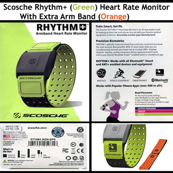 Scosche Rhythm+ (Green) Heart Rate Monitor With Extra Arm Band (Orange)